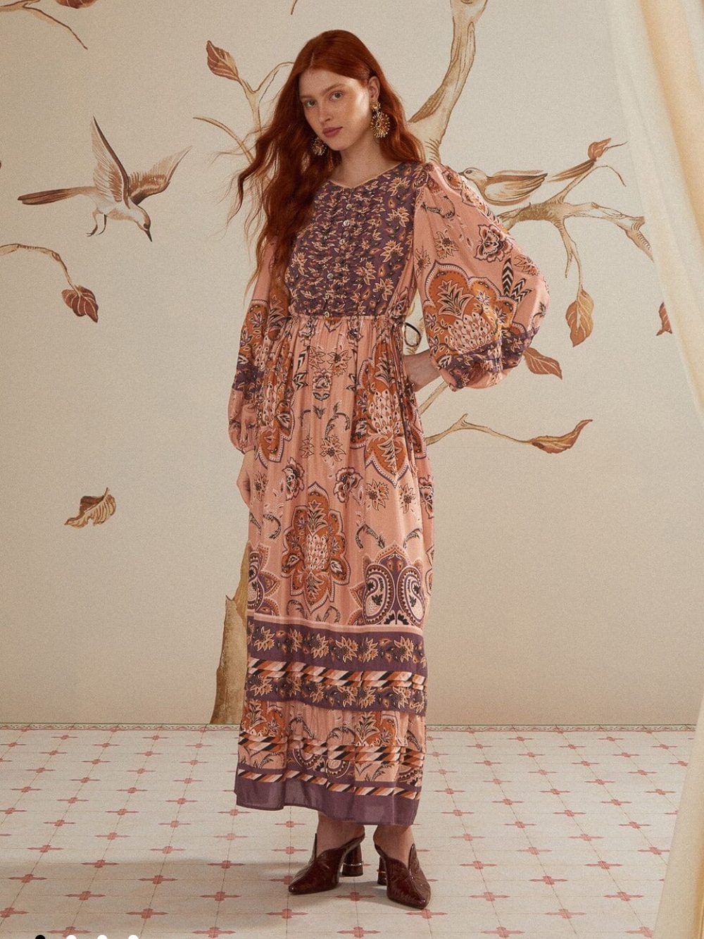 FARM Rio Glam Tapestry Burgundy Long Sleeve Maxi Dress (EU LG | US 12/14)